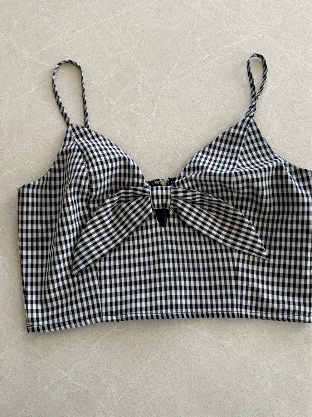 Re:Named Gingham Bow Tie-Front Crop Top Black & White Size Small Y2K